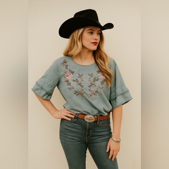 Reitmans Tops - REITMANS | Embroidered Floral Denim Top
